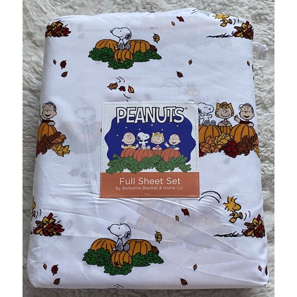 Peanuts Snoopy Charlie Brown FULL Size Sheet Set Autumn Fall Leaves Pumpkin NEW - Picture 1 of 14
